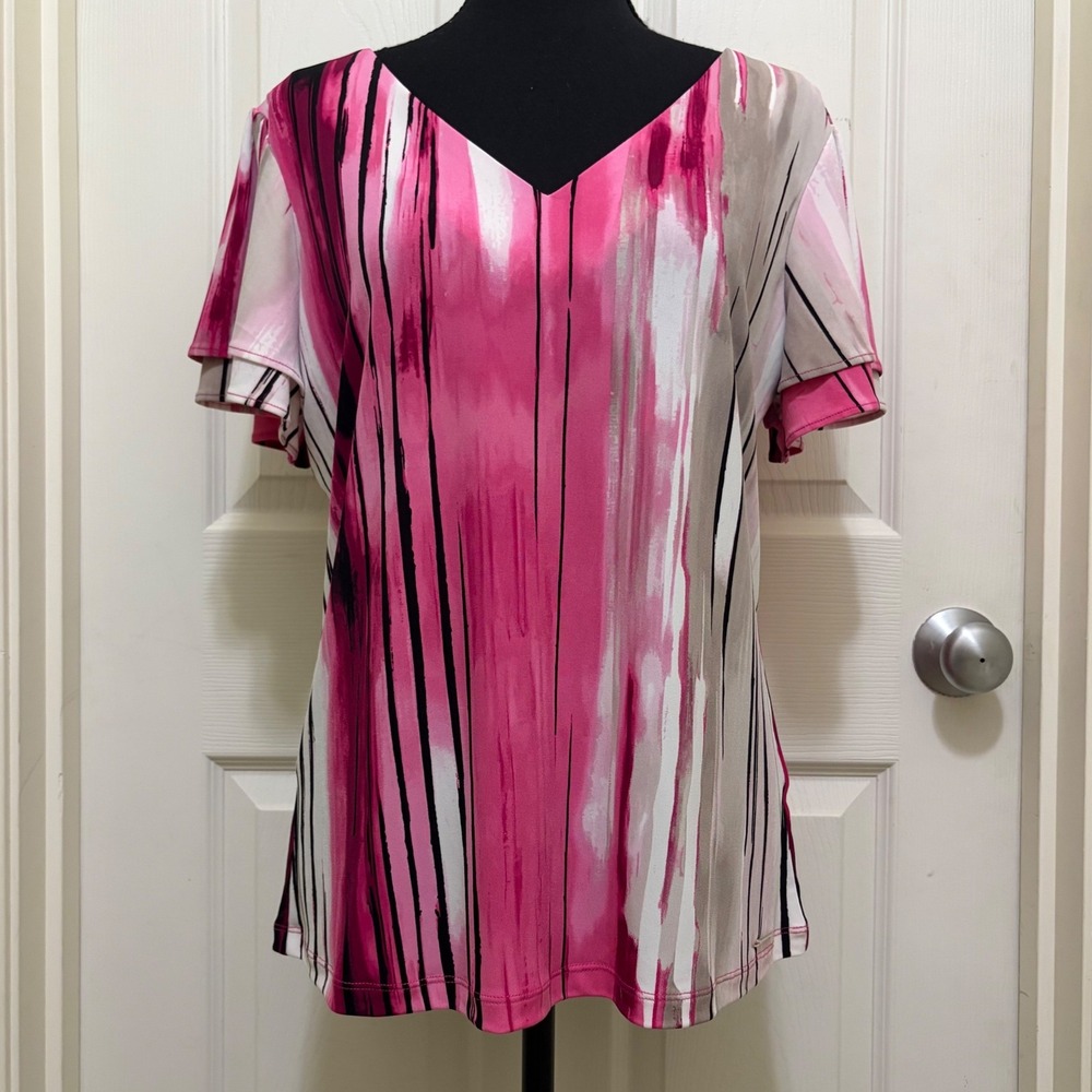 NEW Calvin Klein Flutter Sleeve V-Neck Top Pink Abstract Brushstroke Officewear